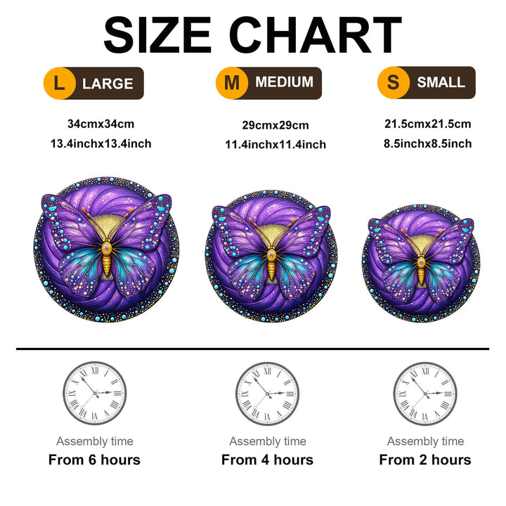 Size chart for Seek and Find Butterflies wooden jigsaw puzzle showing large, medium, and small sizes with assembly times.