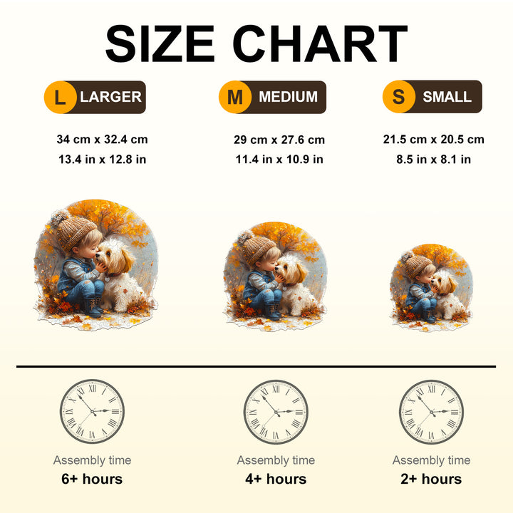 Size chart for wooden jigsaw puzzles showing dimensions and assembly times for small, medium, and large options.