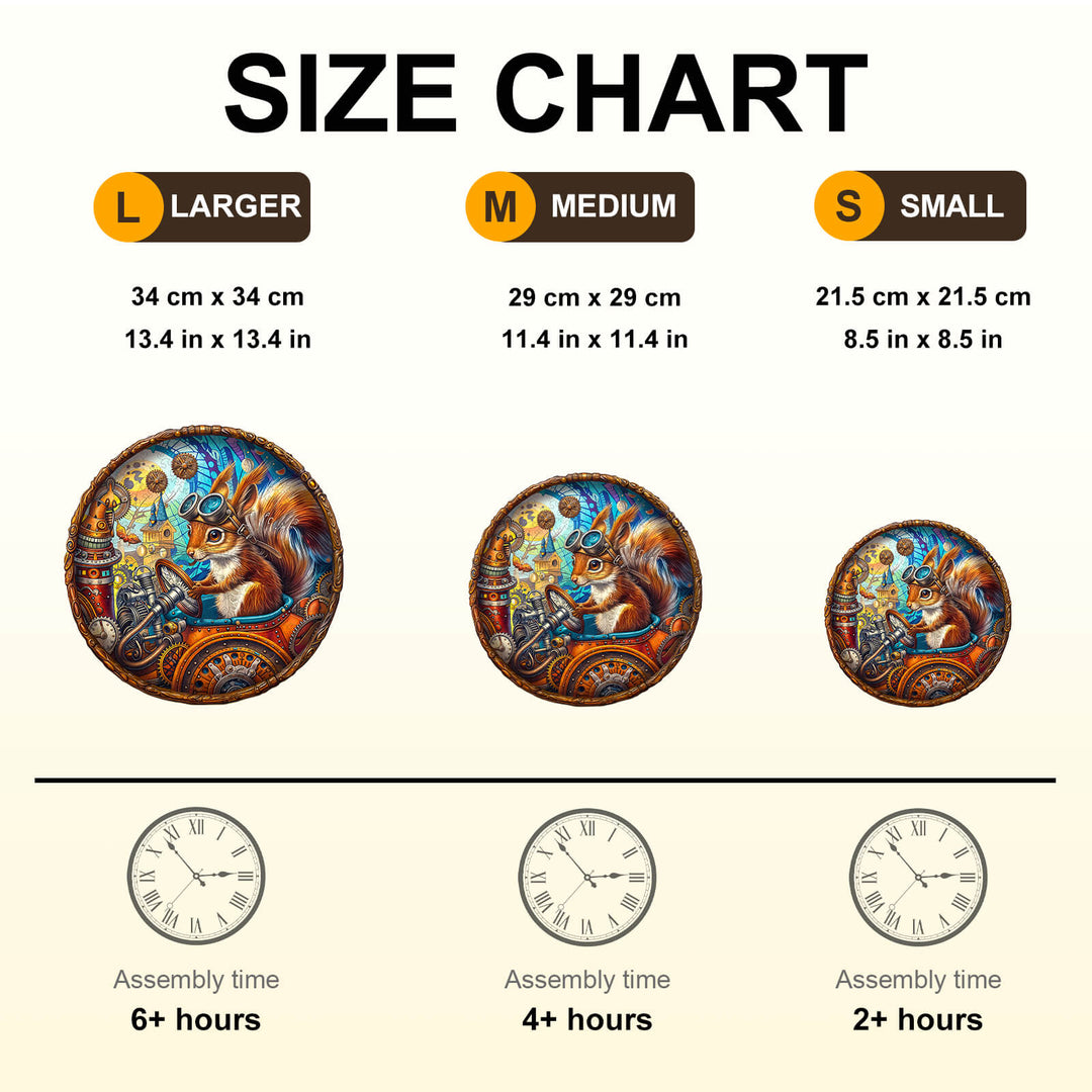 Size chart for Happy Squirrel Wooden Jigsaw Puzzle showing dimensions and assembly time for L, M, S sizes.