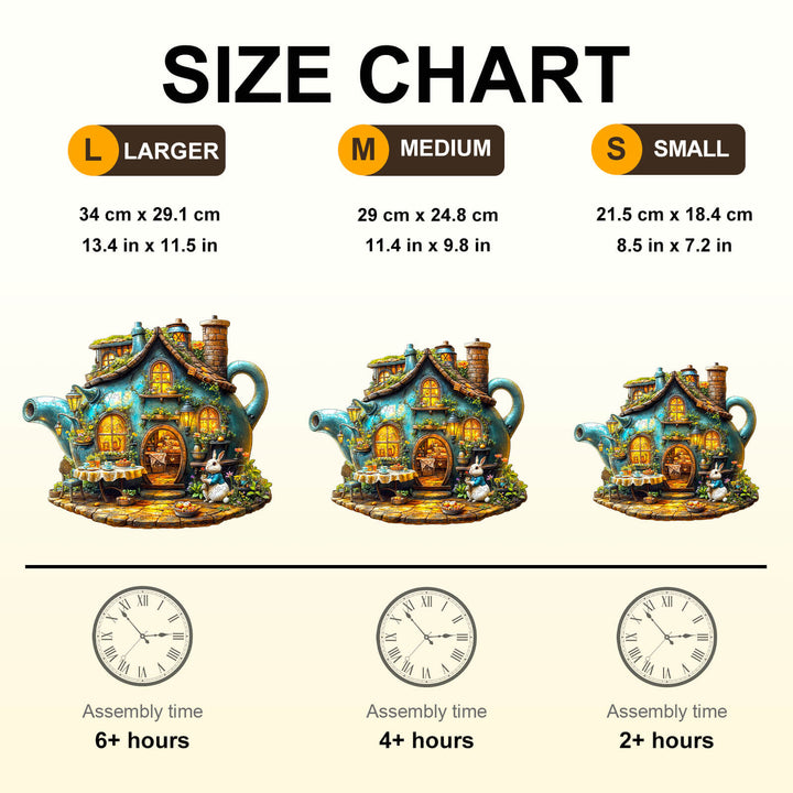 Size chart for Rabbit's teapot wooden jigsaw puzzle showing large, medium, and small sizes with estimated assembly times.