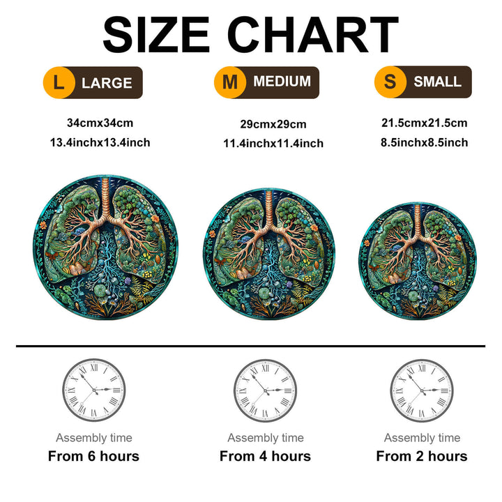 Size chart for Breath of Nature wooden jigsaw puzzle, featuring large, medium, and small options with assembly times.