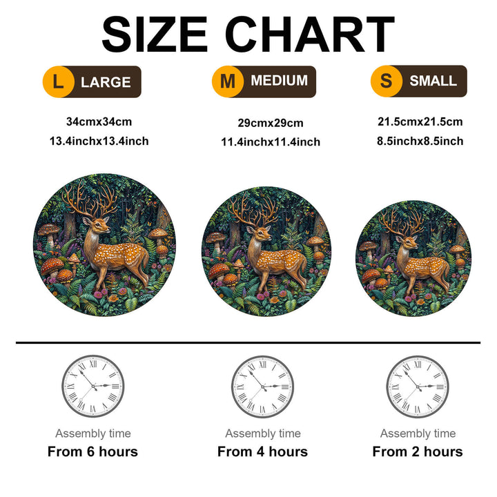 Size chart for wooden jigsaw puzzles, showing large, medium, and small sizes with assembly times.