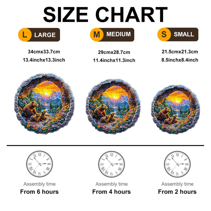 Size chart for 3D Bear's Journey Wooden Jigsaw Puzzle showing large, medium, and small dimensions with assembly times.