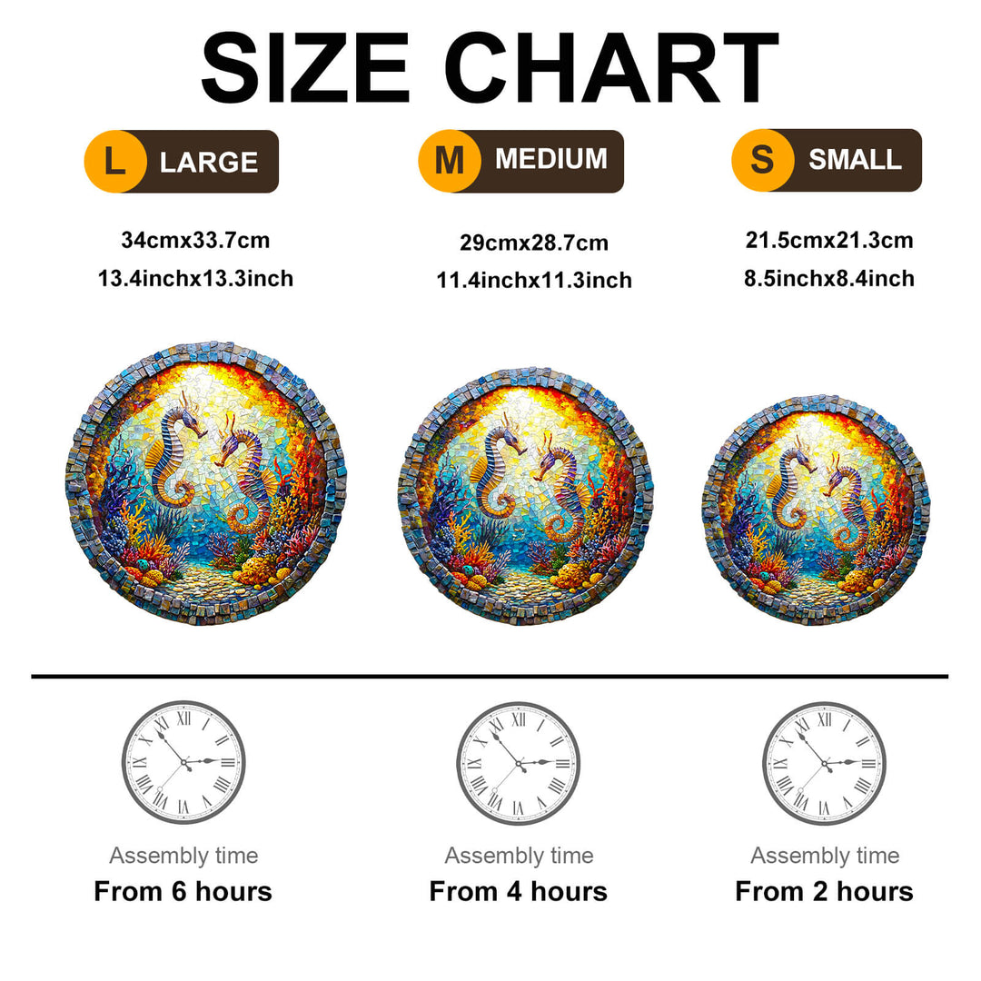 Size chart for 3D Seahorses in Harmony wooden jigsaw puzzle showing dimensions and assembly times for large, medium, and small sizes.