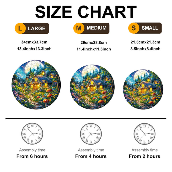 Size chart for SEEK AND FIND FAIRIES wooden jigsaw puzzle showing dimensions and assembly time for small, medium, and large options.