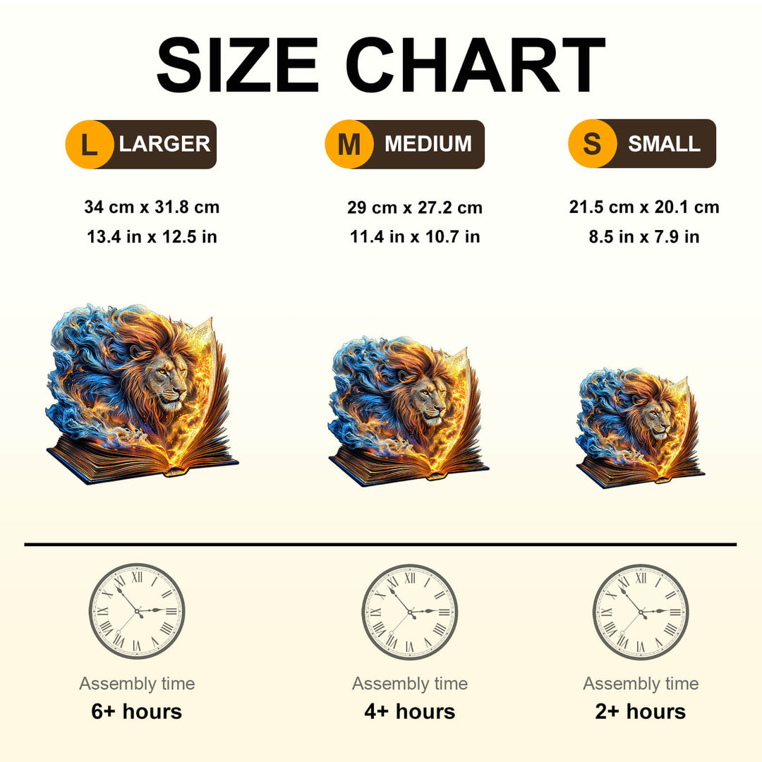 Size chart for Roaring Pages Wooden Jigsaw Puzzle, showing dimensions and assembly times for different sizes.