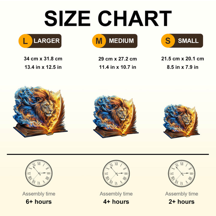 Size chart for Roaring Pages Wooden Jigsaw Puzzle, showing dimensions and assembly times for different sizes.
