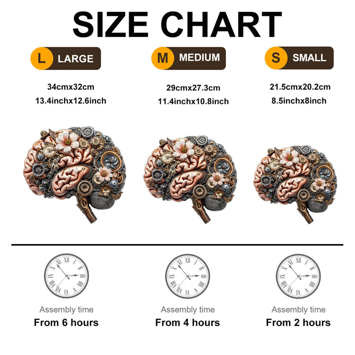 Size chart for 3D Mechanical Brainstem Wooden Jigsaw Puzzle showing large, medium, and small options.