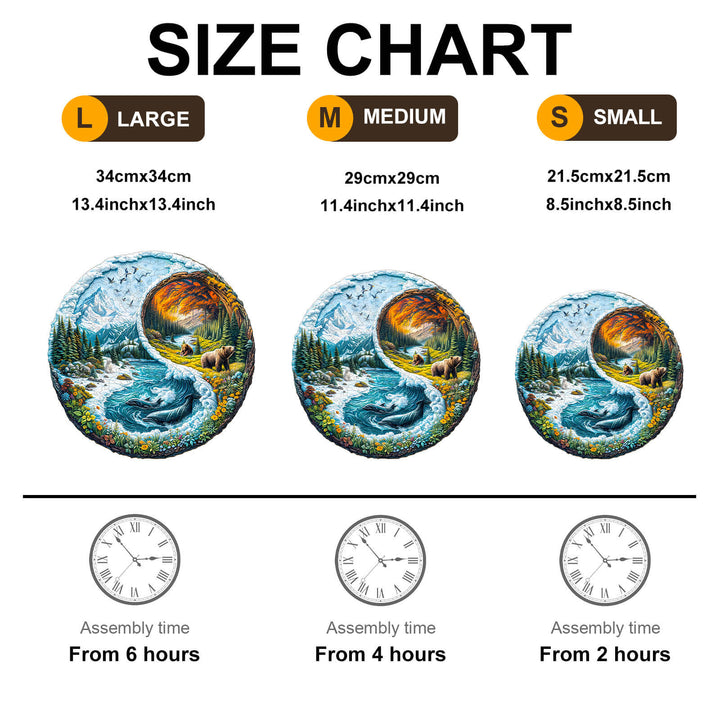 Size chart for Yin yang glacial forest wooden jigsaw puzzle showing large, medium, and small dimensions with assembly times.