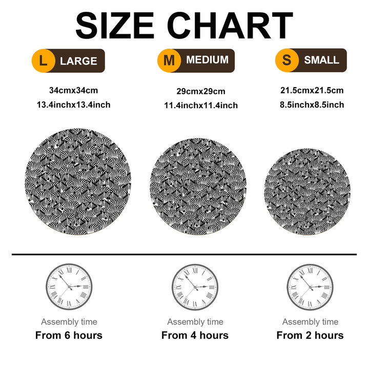 Size chart for wooden jigsaw puzzle showing large, medium, and small sizes with assembly time estimates.