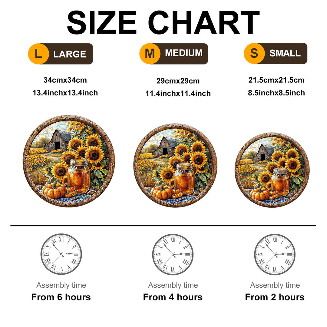 Size chart for SEEK AND FIND BEES Wooden Jigsaw Puzzle in large, medium, and small with assembly times.