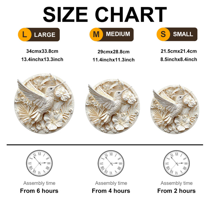 Size chart for 3D Paper Hummingbird-2 wooden jigsaw puzzle showing large, medium, and small sizes with assembly times.
