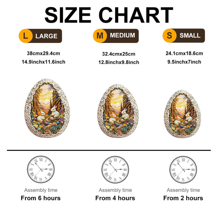 Size chart for Wonderland Easter-4 Wooden Jigsaw Puzzle showing large, medium, and small dimensions with assembly times.