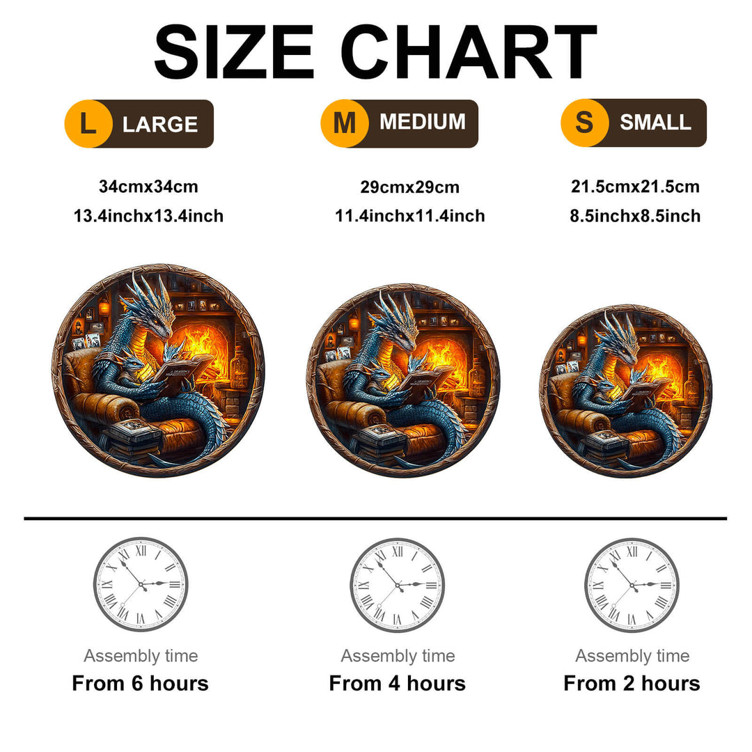 Size chart for Night Stories Wooden Jigsaw Puzzle showing large, medium, and small sizes with assembly times.