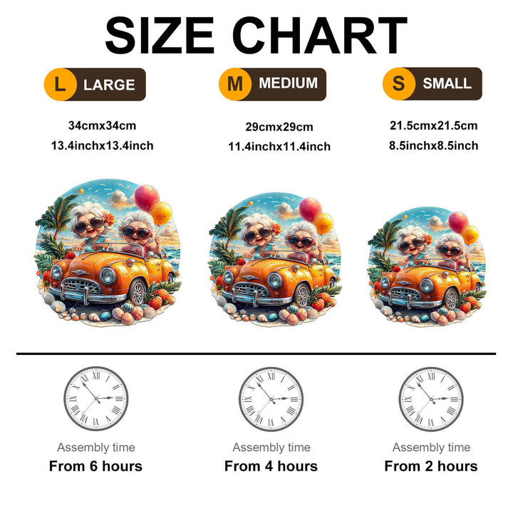 Size chart for Happy Grandma Wooden Jigsaw Puzzle showing large, medium, and small sizes with assembly times.
