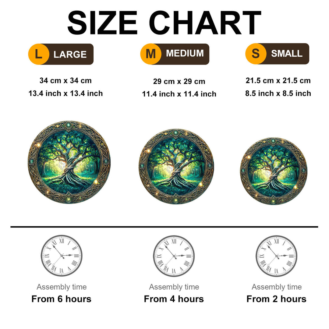Eternal Tree Wooden Jigsaw Puzzle size chart with dimensions and assembly time for small, medium, and large puzzles.