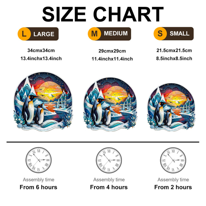 Size chart for 3D penguin family wooden jigsaw puzzle, showing dimensions and assembly times for large, medium, and small sizes.