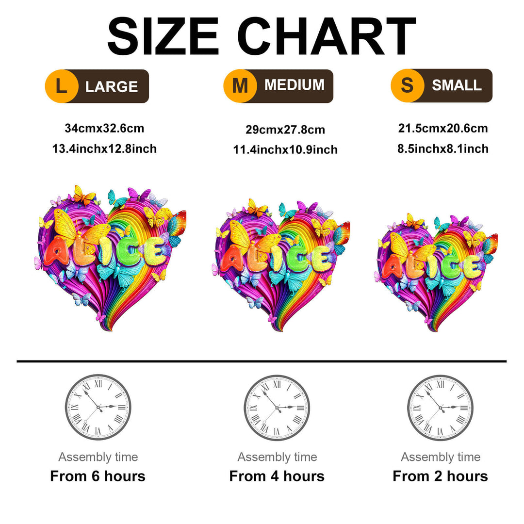 Size chart for Love Rainbow Custom Name Wooden Jigsaw Puzzle in large, medium, and small variations with assembly times.