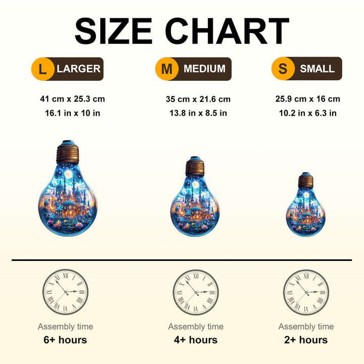 Size chart for Moonlit Realm wooden jigsaw puzzle in three sizes: Large, Medium, Small with assembly time estimates.