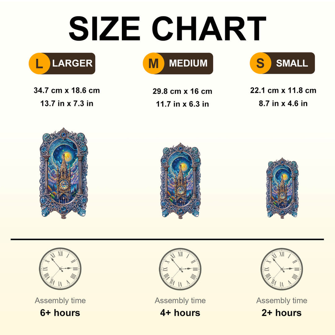 Size chart for Moonlit clock tower wooden jigsaw puzzles showcasing large, medium, and small options with assembly times.