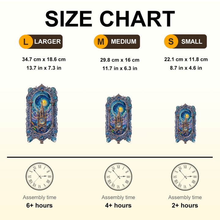 Size chart for Moonlit clock tower wooden jigsaw puzzles showcasing large, medium, and small options with assembly times.