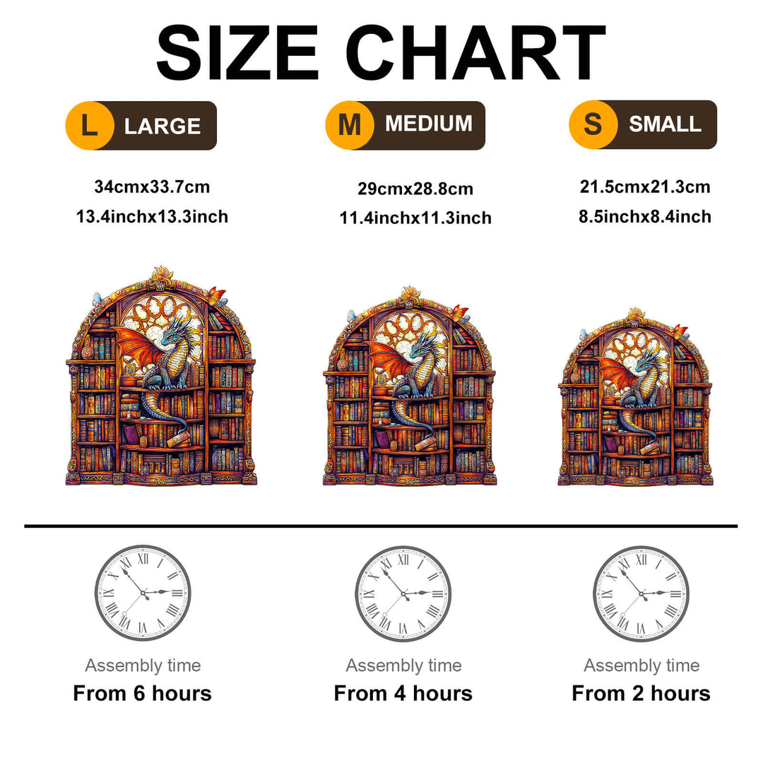 Size chart for SEEK AND FIND QUILLS Wooden Jigsaw Puzzle showing large, medium, and small sizes with assembly times.