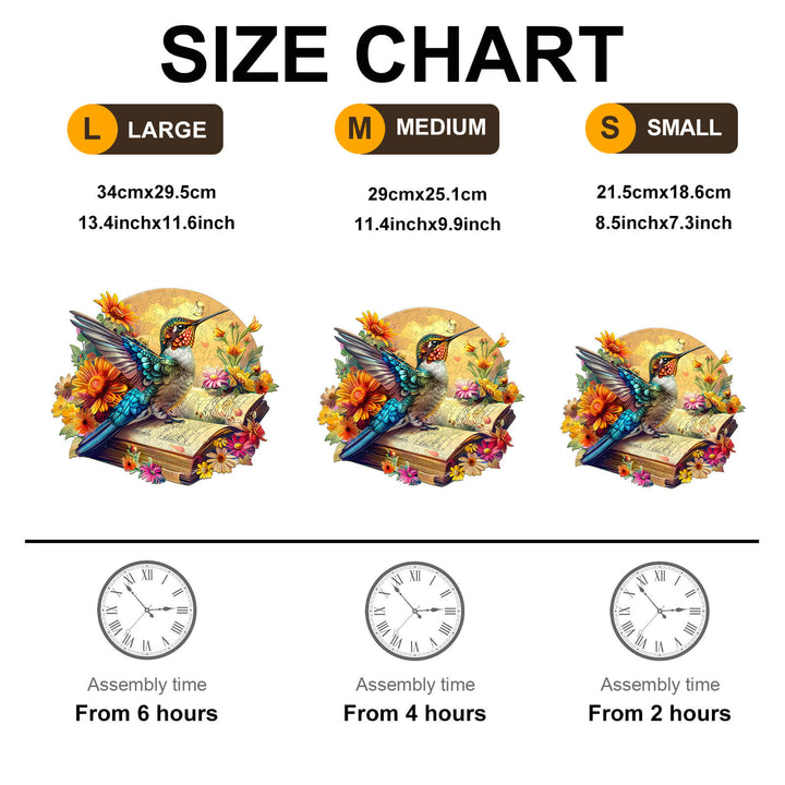Size chart for Hummingbird on book wooden jigsaw puzzle, showing dimensions and assembly times for large, medium, and small sizes.