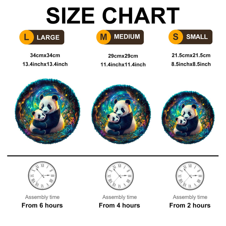 Size chart for the 3D panda family wooden jigsaw puzzle with dimensions and assembly times for large, medium, and small.