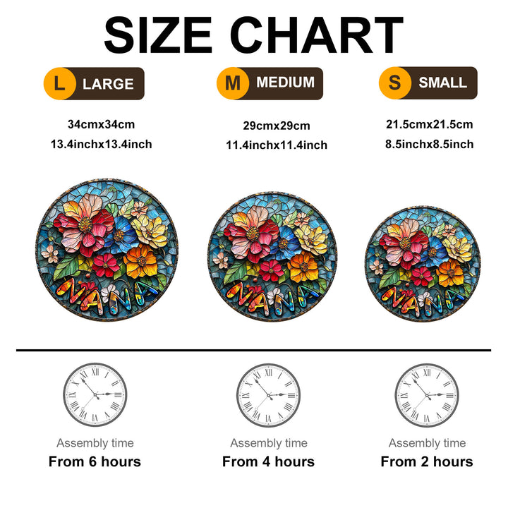Size chart for colored wood jigsaw puzzles showing large, medium, and small sizes with assembly times.