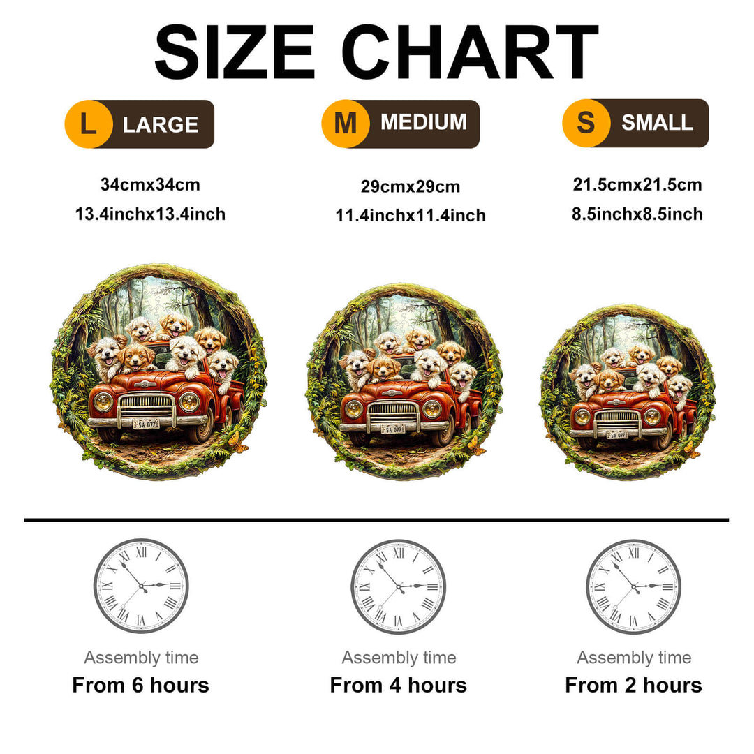 Size chart for Fast truck jigsaw puzzle showing large, medium, and small sizes with assembly time details.