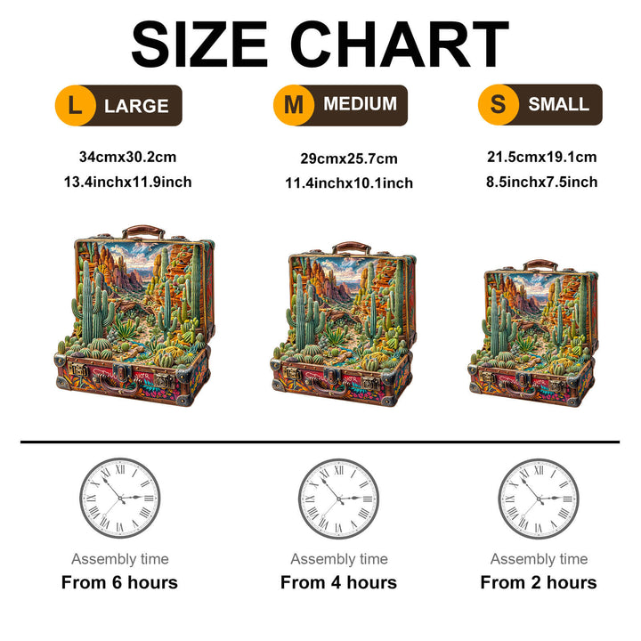 Size chart for Desert Odyssey-1 Wooden Jigsaw Puzzle showing large, medium, and small sizes with assembly times.