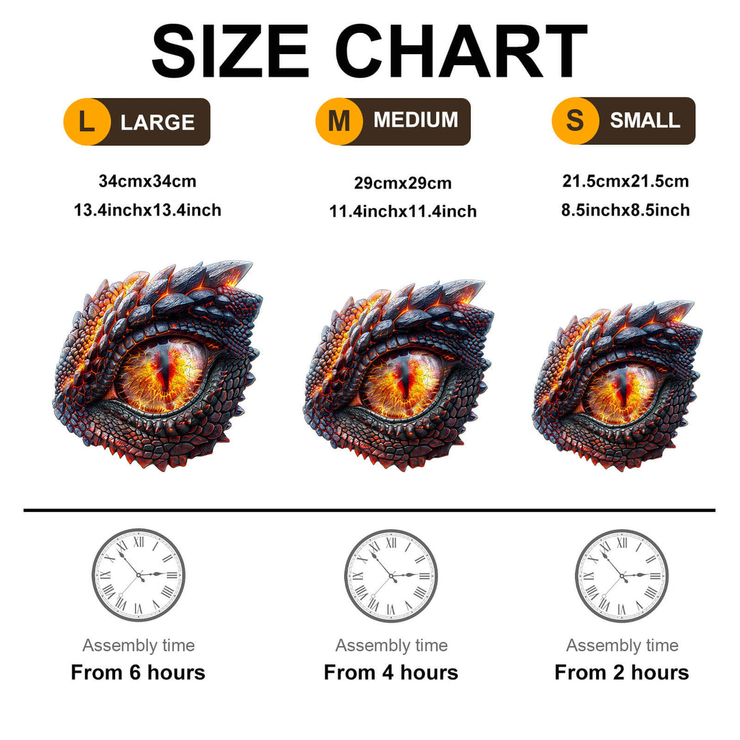 Size chart for 3D Blaze Eye Wooden Jigsaw Puzzle showcasing dimensions and assembly times for large, medium, and small options.