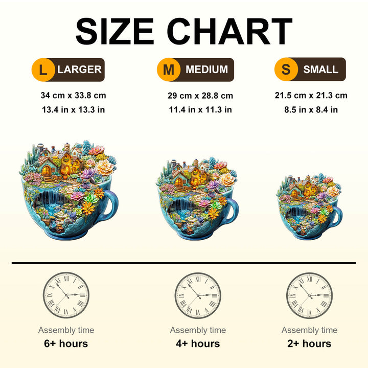 Size chart for Succulent Mug Wooden Jigsaw Puzzle showing large, medium, and small options with assembly times.