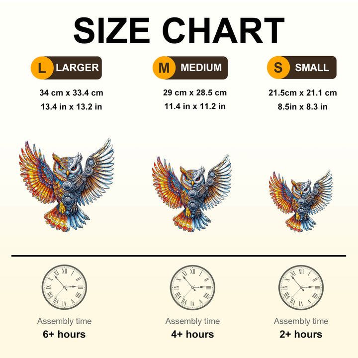 Size chart for Yin-Yang MechaOwl wooden puzzle showing dimensions and assembly times for large, medium, and small options.