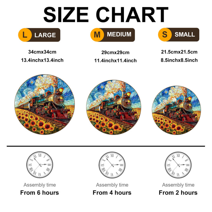 Size chart for Sunflower Star Train wooden jigsaw puzzle showing dimensions and assembly times for different sizes.