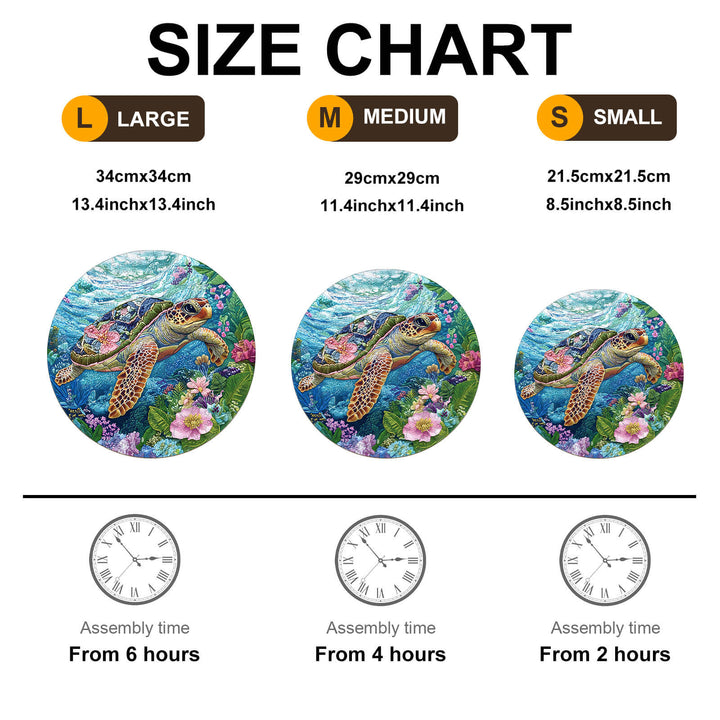 Size chart for Embroidered Turtle Wooden Jigsaw Puzzle showing large, medium, and small options with assembly times.