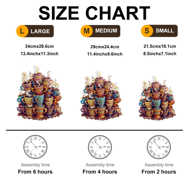 Size chart for Coffee Dreams Wooden Jigsaw Puzzle showing large, medium, and small sizes with assembly times.