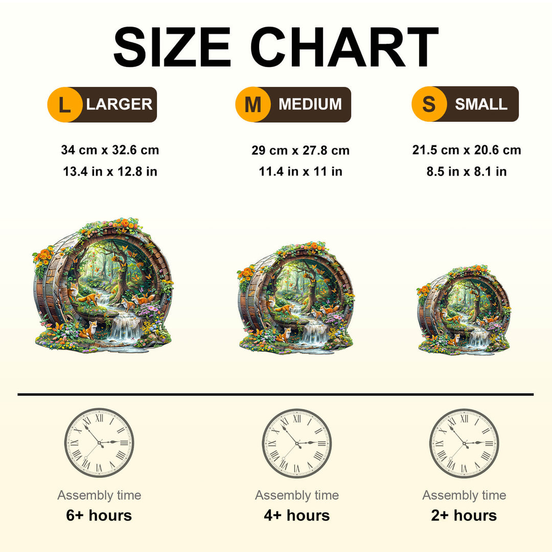 Size chart for decorative barrel puzzle showing dimensions for large, medium, and small sizes with assembly time.