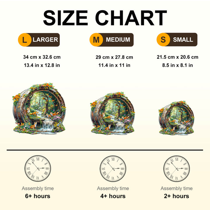 Size chart for decorative barrel puzzle showing dimensions for large, medium, and small sizes with assembly time.