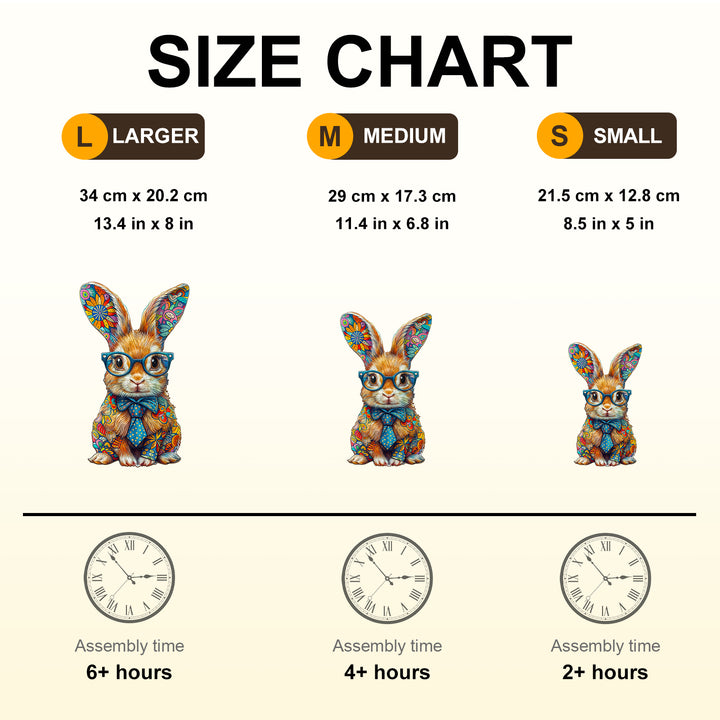 Size chart for Colored bunny Wooden Jigsaw Puzzle showing dimensions and assembly times for large, medium, and small sizes.