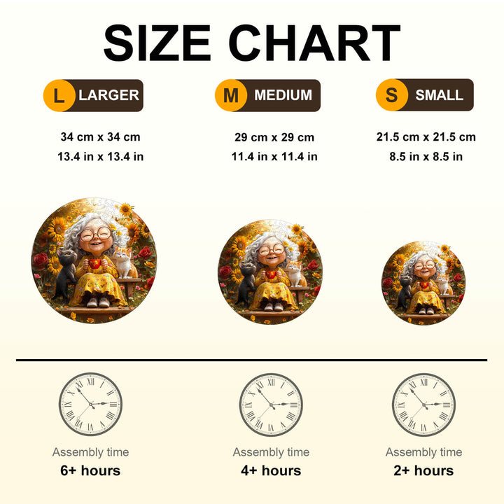 Size chart for Sunny Afternoon Wooden Jigsaw Puzzle showing dimensions and assembly times for large, medium, and small sizes.