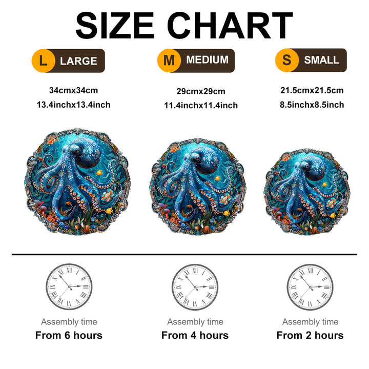 Size chart for Mystic Tentacles Wooden Jigsaw Puzzle showing large, medium, and small sizes with assembly times.