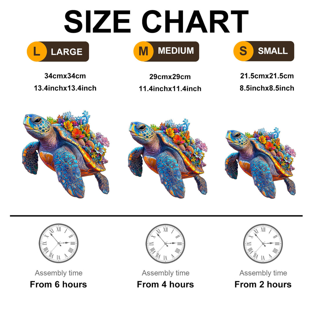 Size chart for Coral and Turtle wooden puzzle showing large, medium, and small sizes with assembly times.