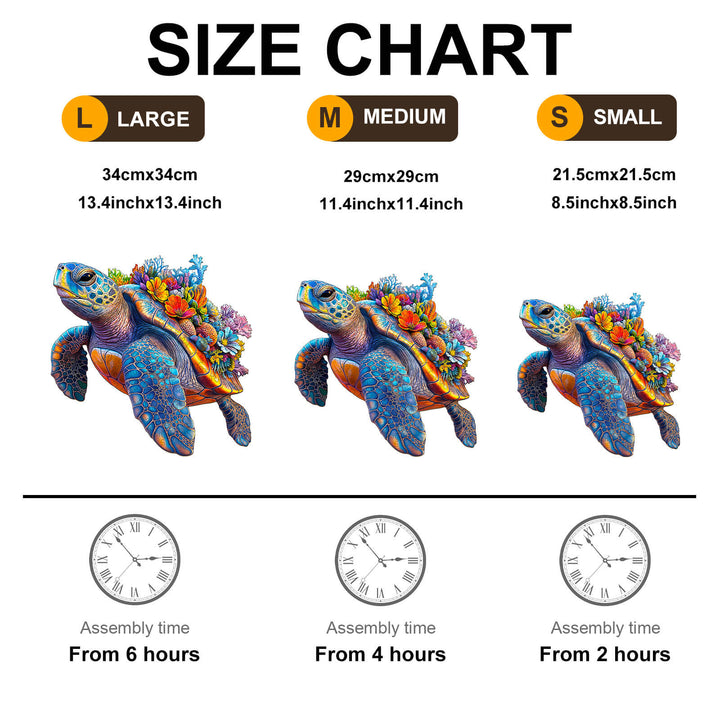 Size chart for Coral and Turtle wooden puzzle showing large, medium, and small sizes with assembly times.