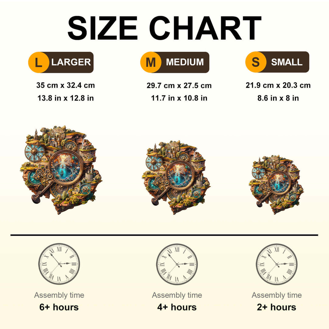 Size chart for Explorer's World-2 wooden jigsaw puzzle showing dimensions and assembly times for large, medium, and small options.