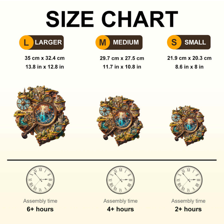 Size chart for Explorer's World-2 wooden jigsaw puzzle showing dimensions and assembly times for large, medium, and small options.