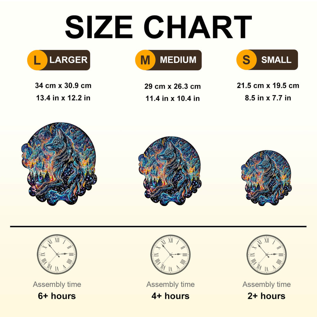 Size chart for Nebula Wolf wooden jigsaw puzzle showing dimensions and estimated assembly times for different sizes.