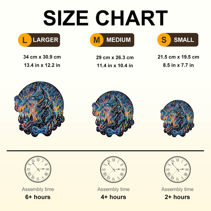 Size chart for Nebula Wolf wooden jigsaw puzzle showing dimensions and estimated assembly times for different sizes.