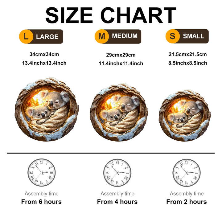 Size chart for 3D From Mom's arms wooden jigsaw puzzle showing dimensions and assembly times for large, medium, and small sizes.