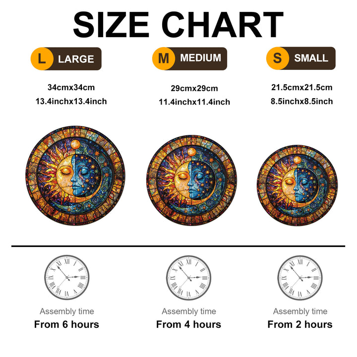 Size chart for Sun and Moon Harmony Wooden Jigsaw Puzzle, showing large, medium, and small dimensions with assembly times.